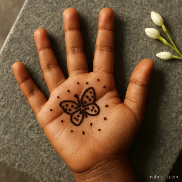 Small dotted butterfly in the centre of a child's palm