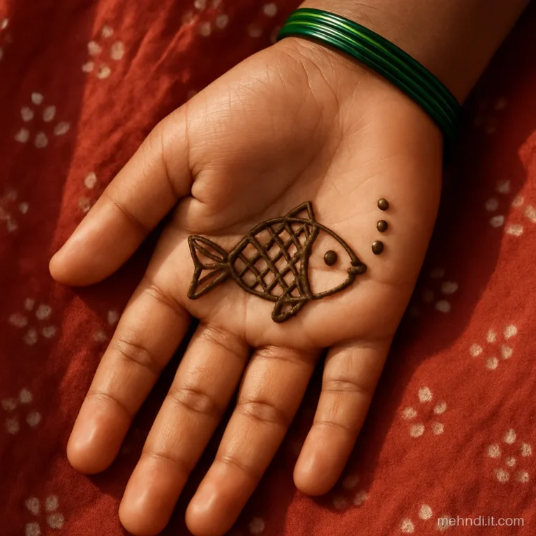 Small fish with checked scales and bubbles on a child's palm