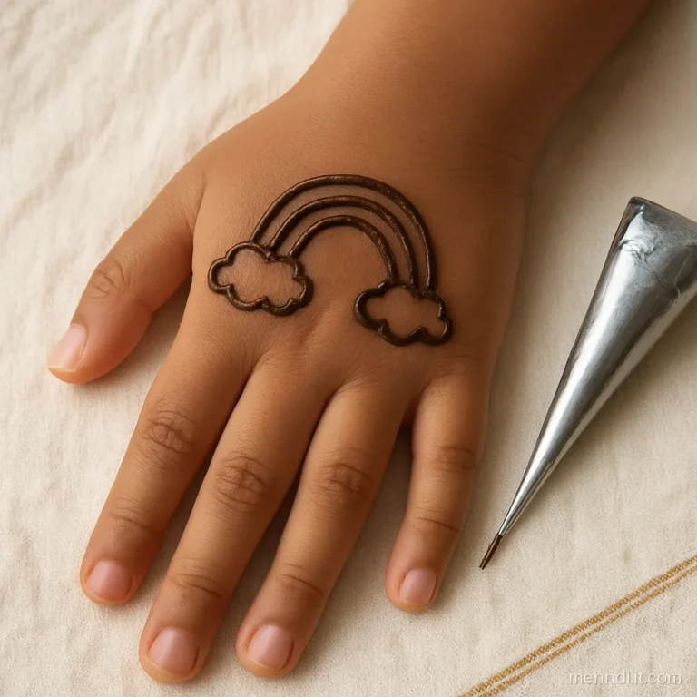 Small three line rainbow arch with clouds on a child's back hand