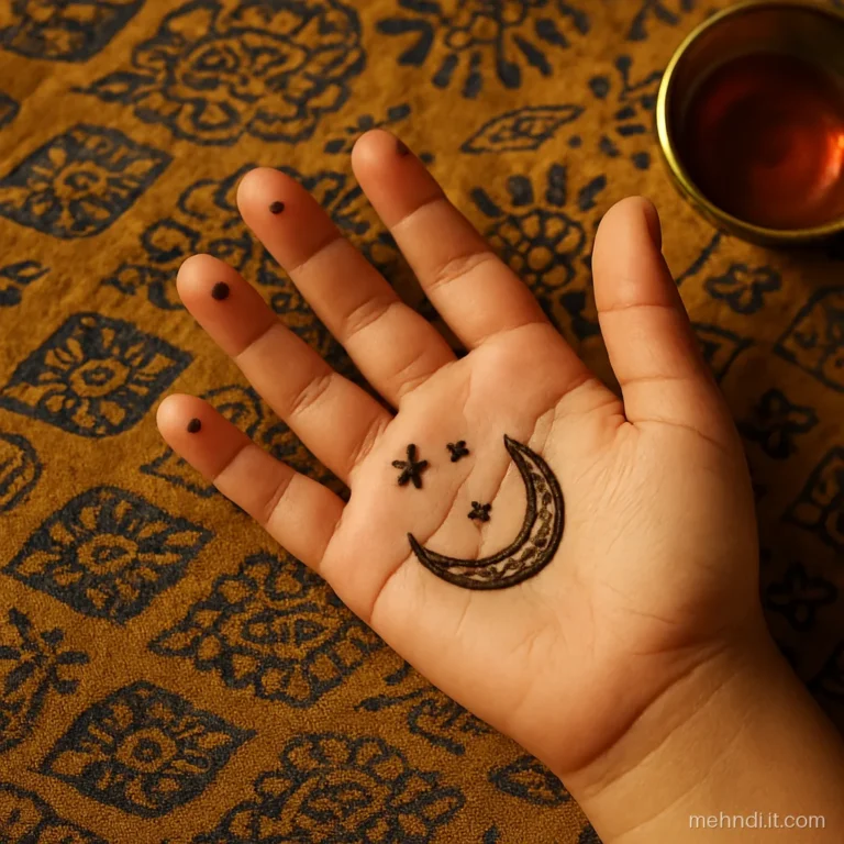 Small crescent moon and stars on a child's palm