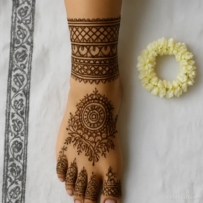 Stacked bands of patterns from ankle to calf on a bride's leg