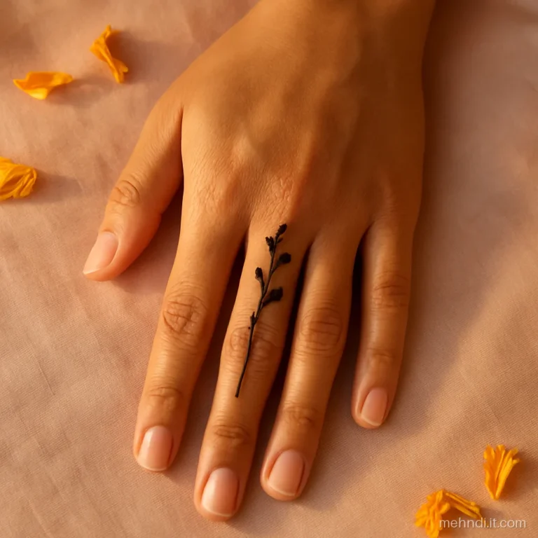 Single fine vine climbing the ring finger of a woman's open palm
