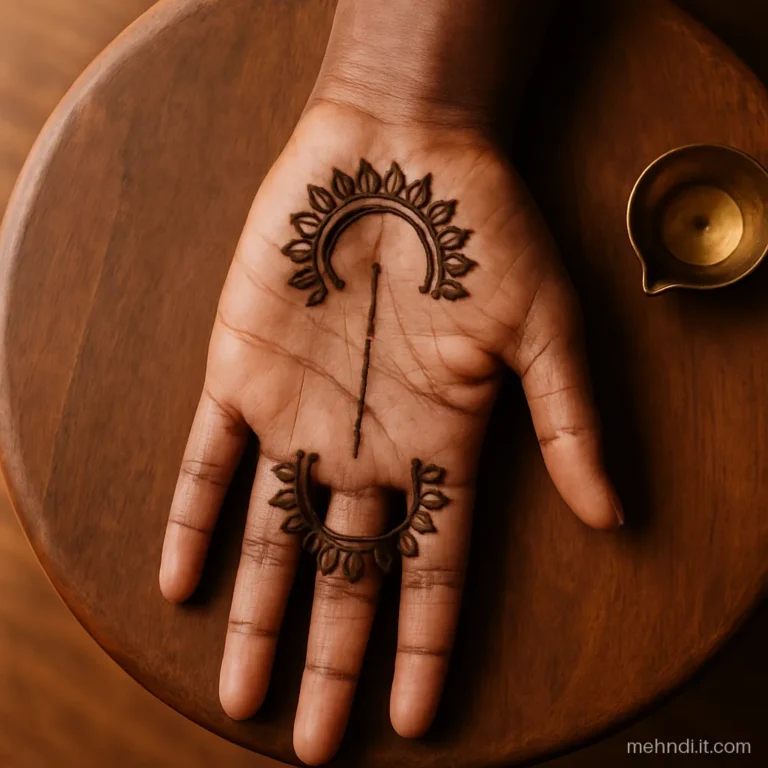 Two petal edged half moons facing each other across a palm