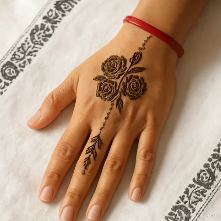 Bracelet of three shaded roses around the wrist with a leaf trail