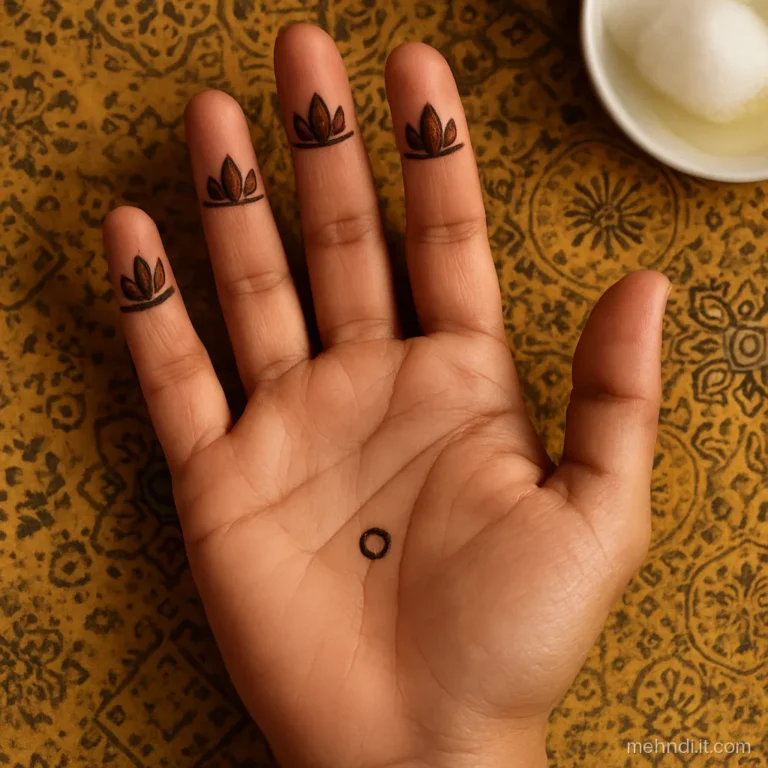 Tiny lotus on each fingertip of a palm with a dot circle