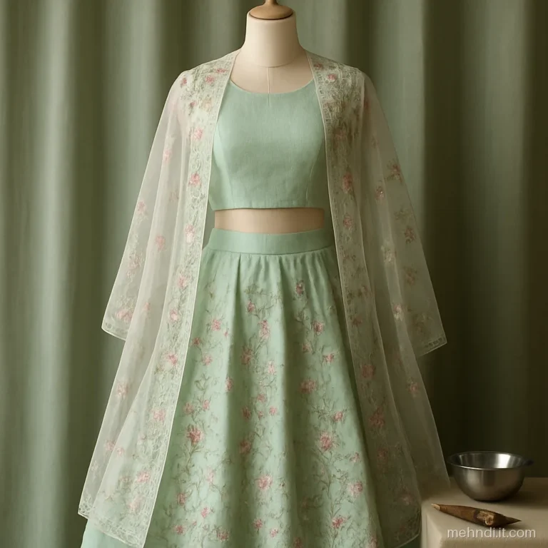 Indo western mehendi outfit with a mint crop top, skirt and sheer cape.