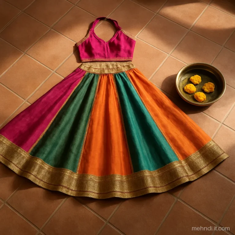 Multicolour patchwork lehenga with pink, green and orange panels on a dress form.