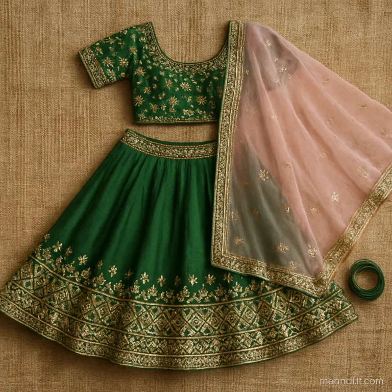 Parrot green lehenga with a gota patti border displayed on a wooden dress form.