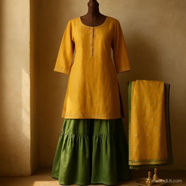 Yellow kurti with green sharara pants and a mirror work dupatta, laid flat.