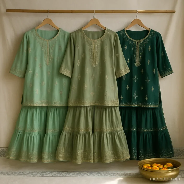 Three sharara sets in shades of green hung side by side for bridesmaids.