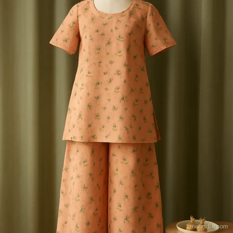 Floral printed kurta and palazzo co-ord set for a mehendi guest, flat lay.