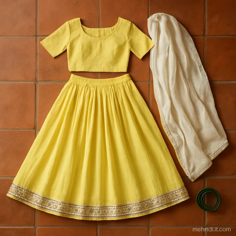 Lemon yellow lehenga with small mirror work for a mehendi guest, on a dress form.