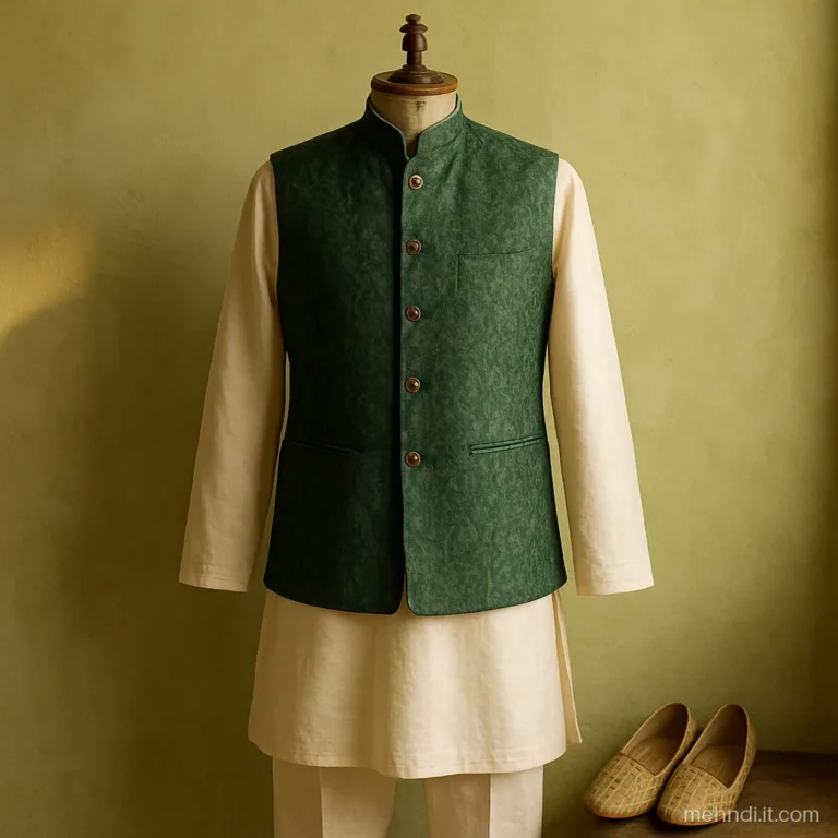 Bottle green Nehru jacket over an ivory kurta on a wooden dress form.
