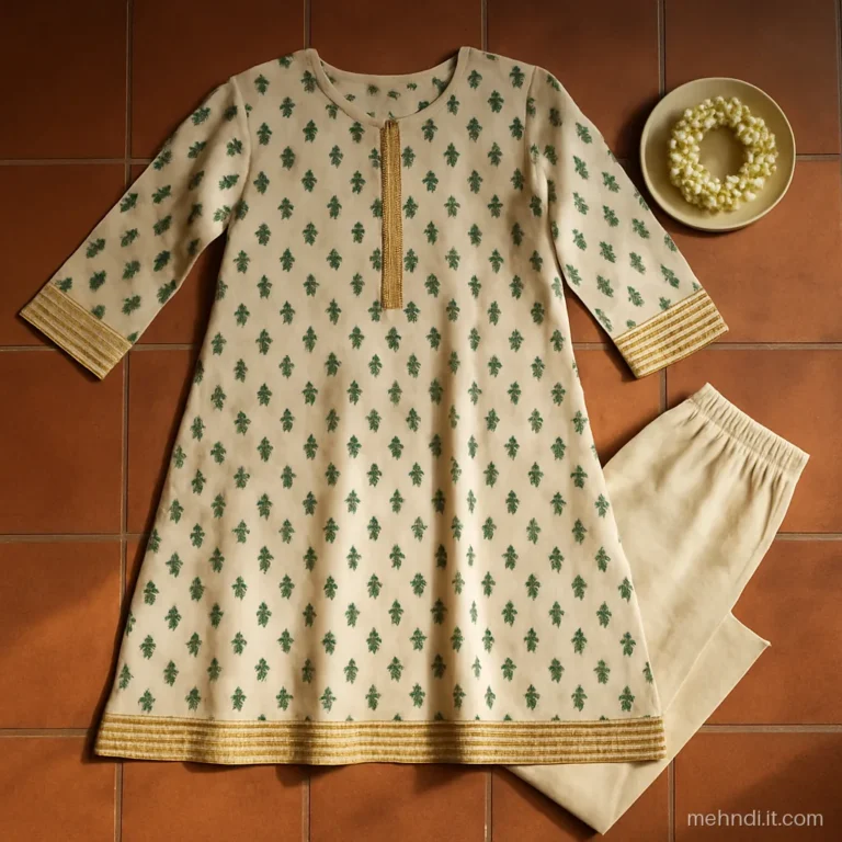 Hand block printed cotton kurta in leaf green for a mehendi function.