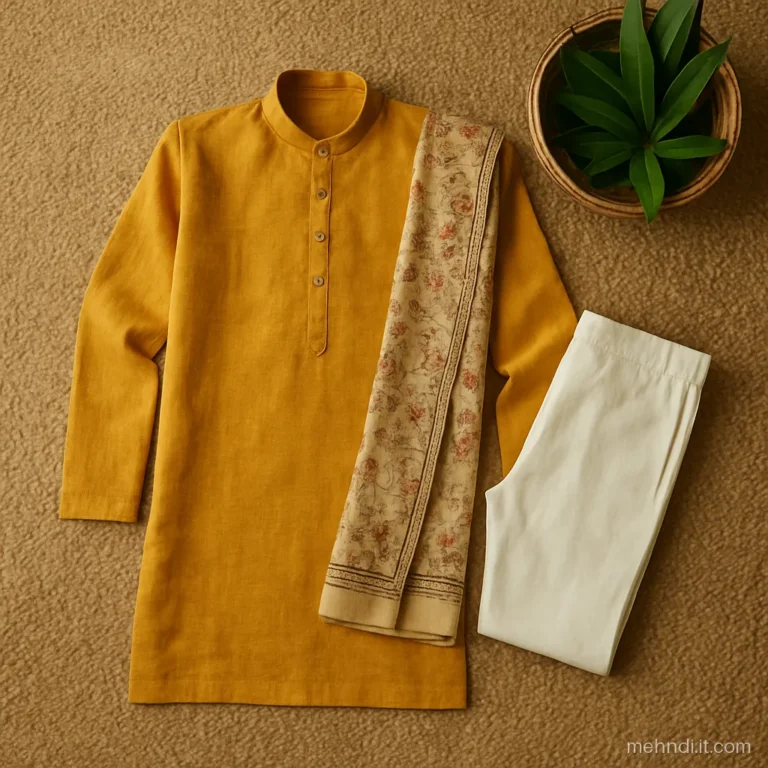 Mustard silk kurta with a white pyjama laid flat beside a pair of juttis.