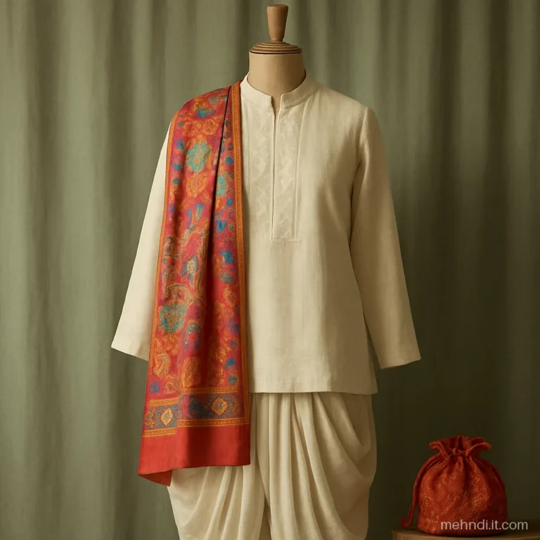 Short ivory kurta with dhoti pants and a printed stole, flat lay.