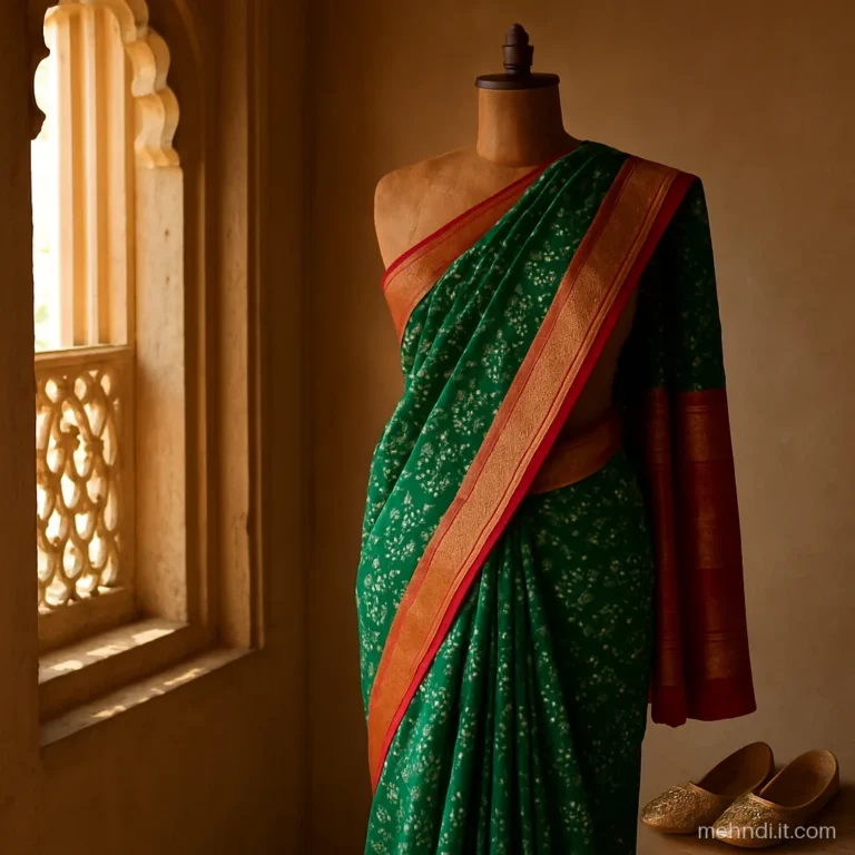 Green bandhani saree with a red border folded on a wooden bench.