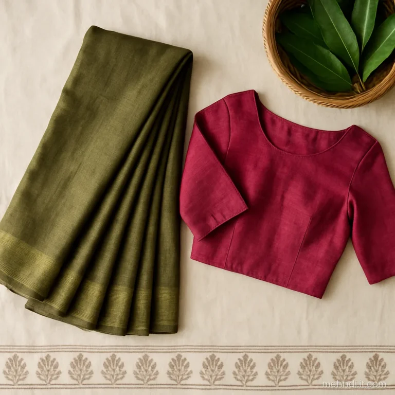Mehandi colour saree in olive green with a contrast pink blouse, flat lay.
