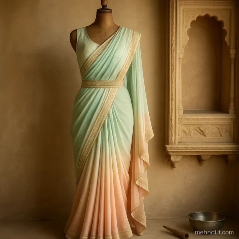 Ruffled pre-draped saree in mint and peach for the sister of the bride.
