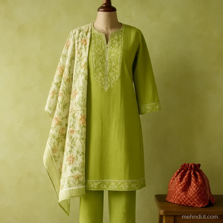 Light cotton kurta set in lime green with white thread work, flat lay.
