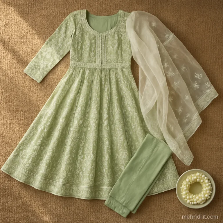 Pistachio anarkali suit with churidar and an organza dupatta on a dress form.