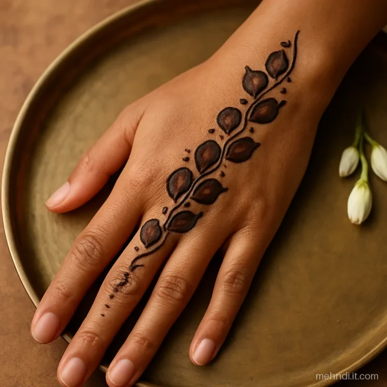 Back of a woman's left hand with a shaded Arabic petal trail from wrist to ring finger
