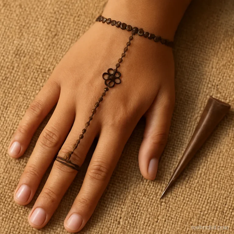 Back of the hand with a bracelet band linked by a dotted chain to a middle finger ring