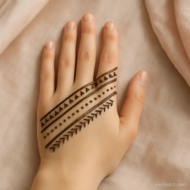 Back of the hand with diagonal stripes of triangles and dots across the hand