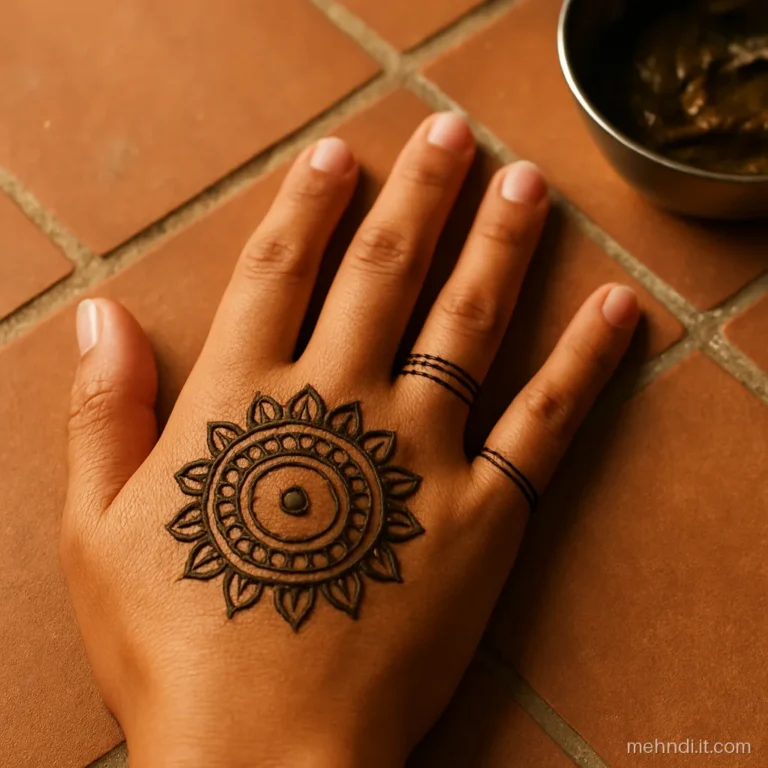 Back of a woman's right hand with a round mandala centred just below the knuckles
