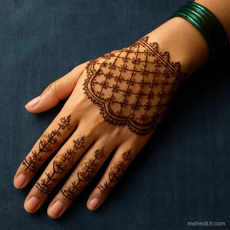 Back of the hand with a lace-style net covering the knuckles and a scalloped edge