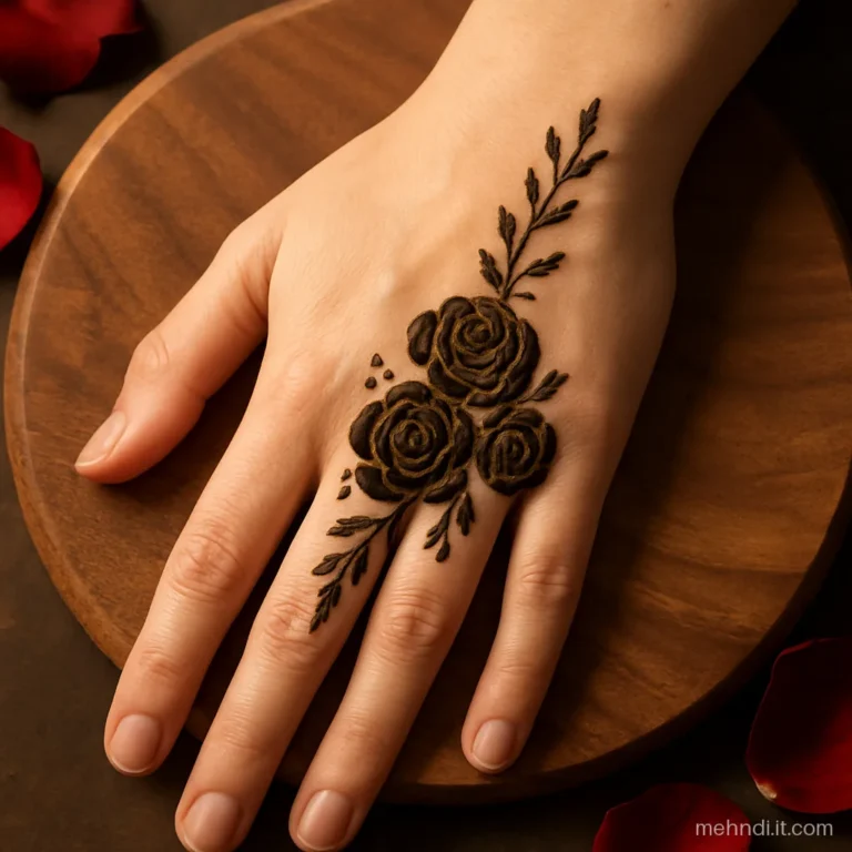 Back of the hand with three shaded roses near the wrist and small leaves on two fingers