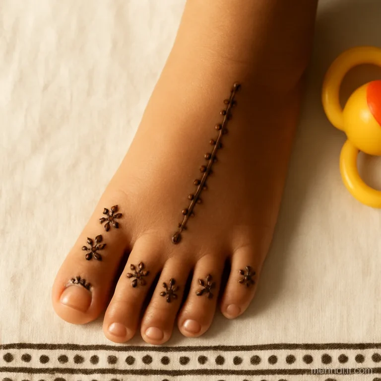 Child's small foot with tiny flowers on the toes and a dotted line to the ankle