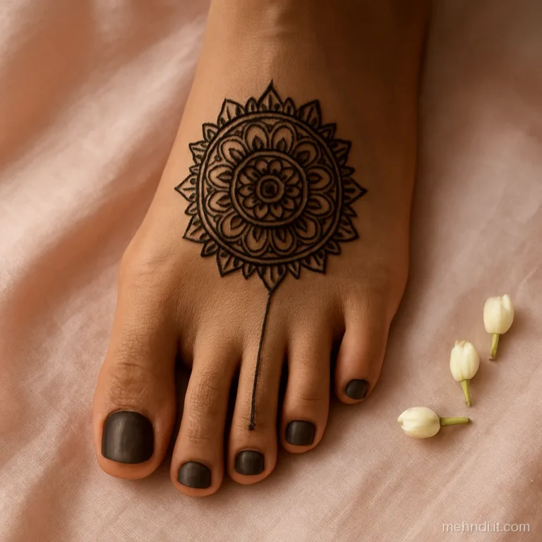 Top of the foot with a round mandala in the centre and caps on the toes