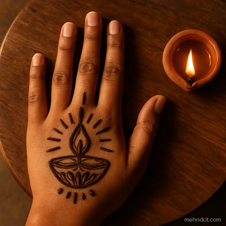 Palm with a lit diya in the centre and flame rays spreading across the palm