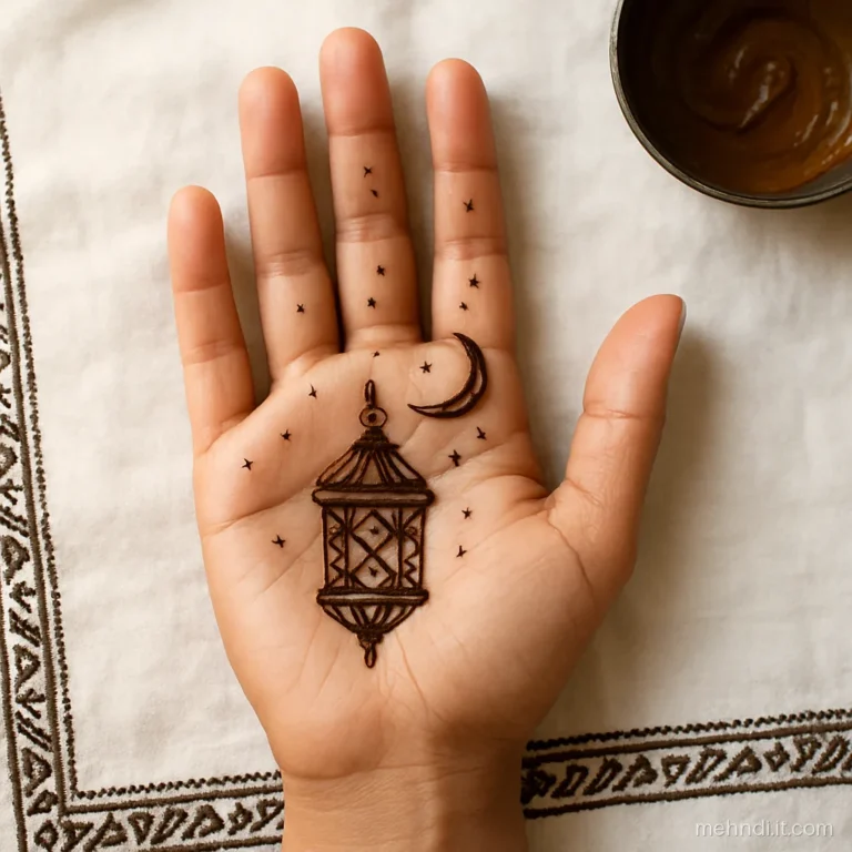 Palm with a hanging lantern, a crescent moon and star dots for an Eid look