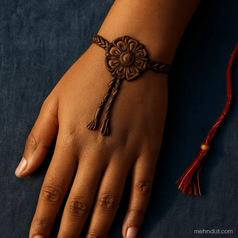 Girl's wrist with a rakhi thread design and a flower knot at the centre