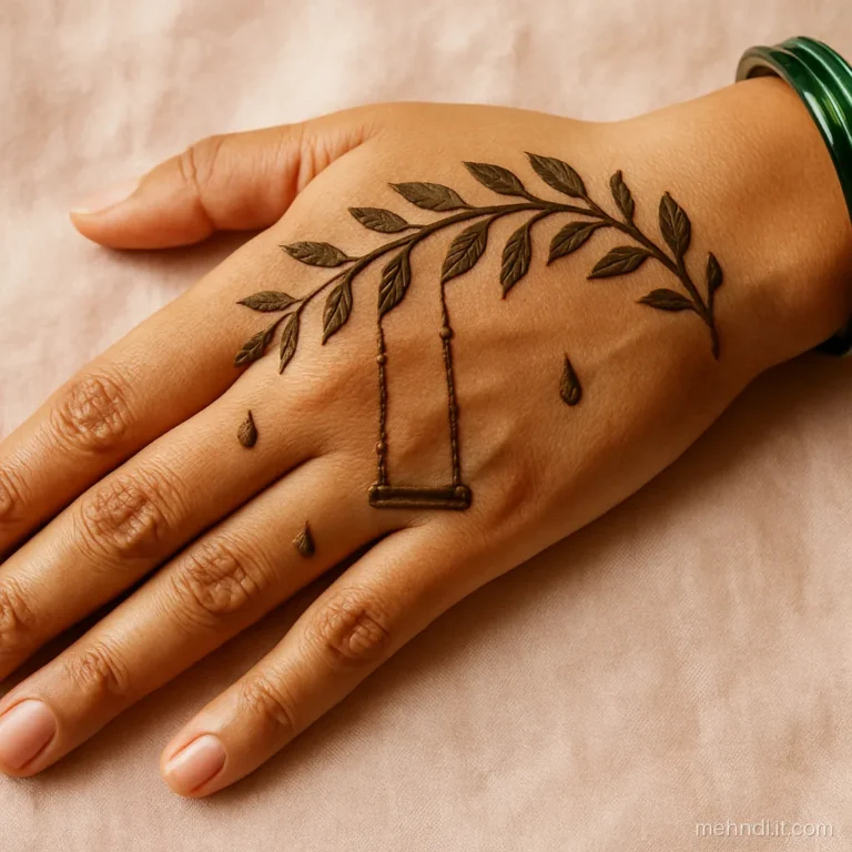 Back of the hand with a small jhula swing hanging from a vine near the knuckles