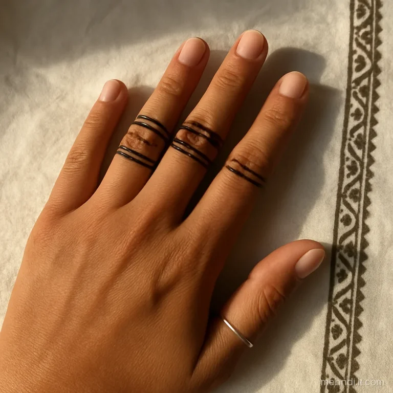 Back of the hand with stacked ring bands on three fingers and nothing else