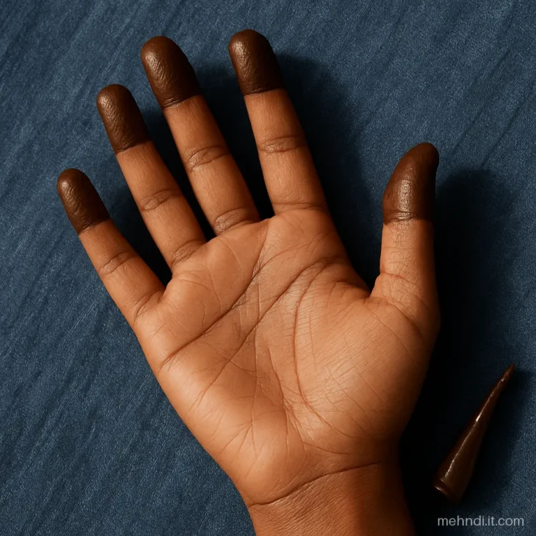 Teenage girl's palm with only the fingertips filled solid in dark brown paste