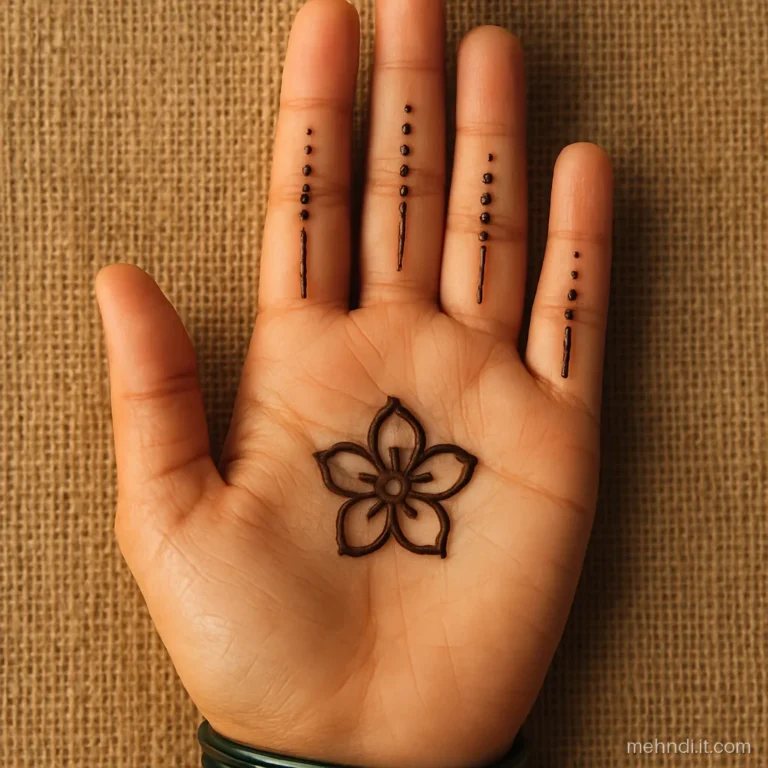 Teenage girl's left palm with dot ladders on each finger and a small flower in the centre