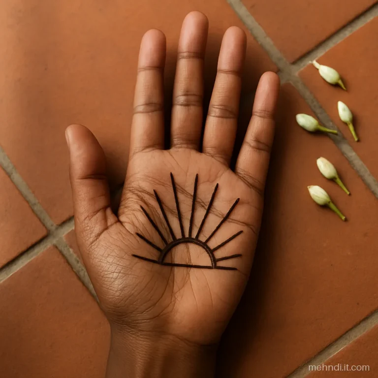 Palm with a half gol tikki at the base like a rising sun and rays up the fingers