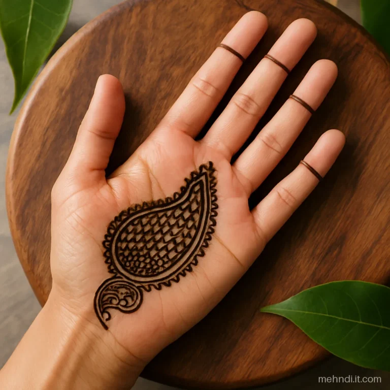 Woman's right palm with one big paisley in the lower corner and fine finger lines