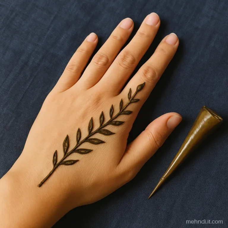 Woman's right palm with a diagonal leaf spray from the wrist up to the index finger
