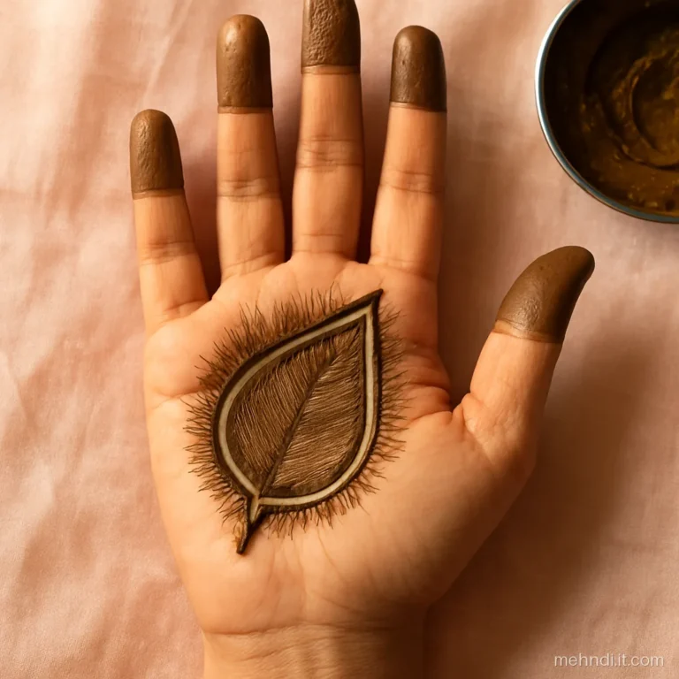 Palm with a large leaf shape left blank inside a shaded mehndi outline