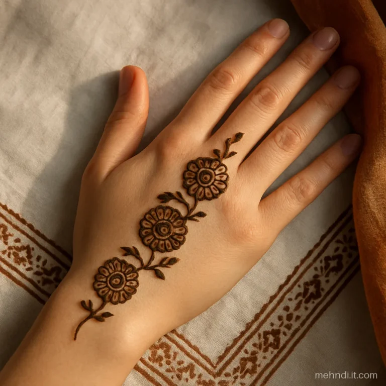 Palm with three flowers in a diagonal line joined by a thin vine from wrist to thumb