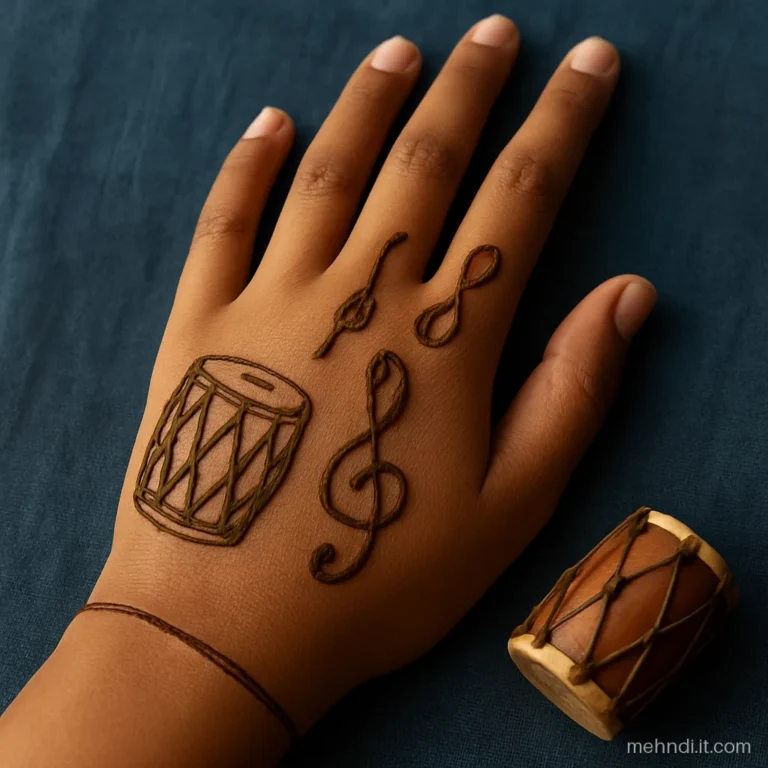 Back of the hand with a small dholki drum and music notes near the wrist