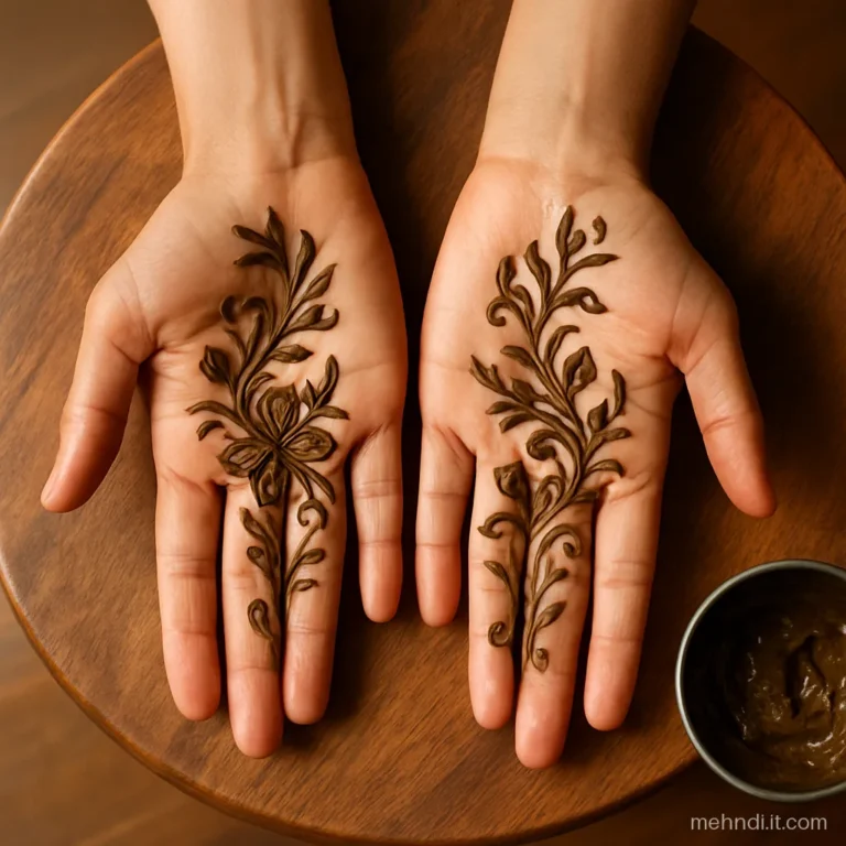 Two palms side by side with matching flower vines that meet when the hands are joined