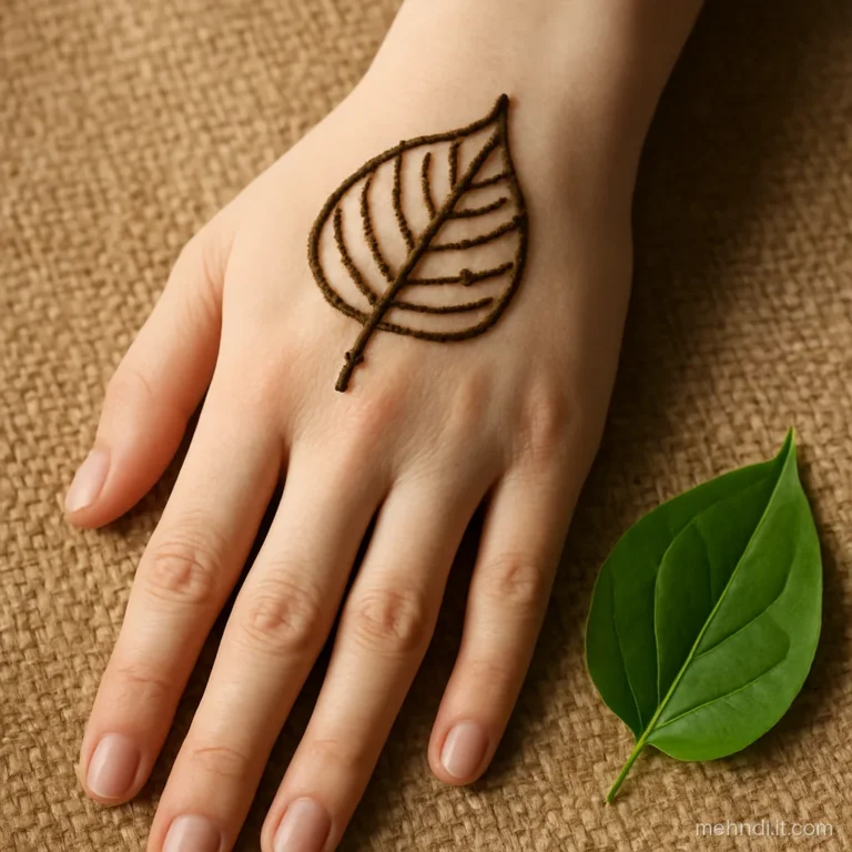 Back of the hand with a large betel shagun leaf and a dotted wrist line