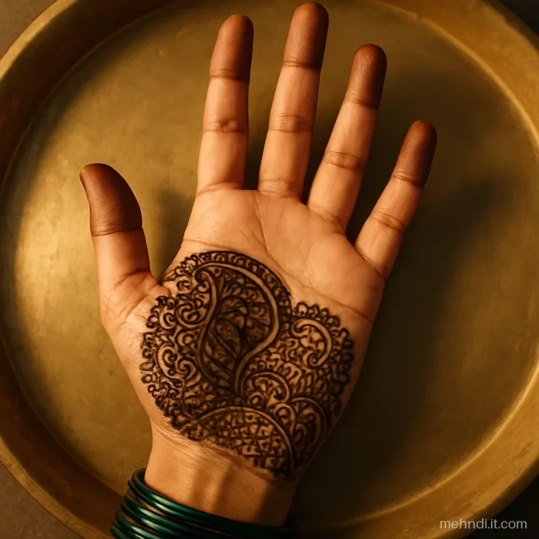 Palm with dense mehndi on the lower half, a clear upper palm and finger caps