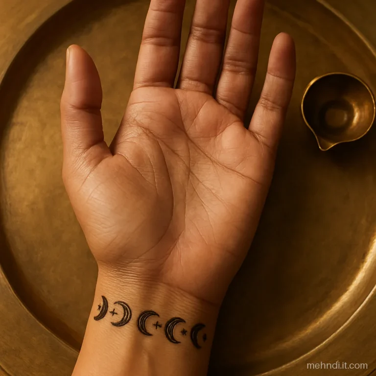 Inner wrist with a thin band of crescent moons and stars like a bracelet